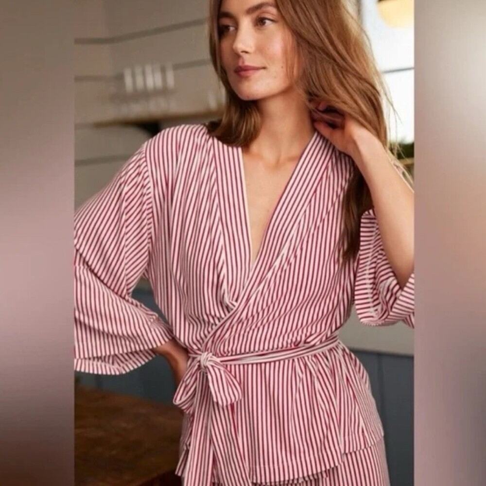 Lake Pajamas DreamModal Kimono Wrap Top Womens M Red White Striped Belted Lounge